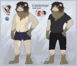  anthro bear black_bottomwear black_clothing black_pants blue_eyes bottomwear brown_hair clothed clothing front_view fur gloves_(marking) grey_clothing grey_nose grey_topwear hair hand_on_hip leg_markings male mammal markings model_sheet mouth_closed narrowed_eyes open_mouth pants red_tongue santanahoffman socks_(marking) solo standing tan_body tan_fur tongue topless topwear valdemar_(richardvrp) 