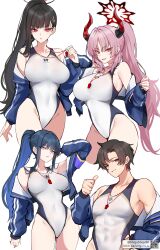  1boy 3girls absurdres alternate_costume arm_up bare_shoulders black_hair blue_archive blue_archive_the_animation blue_eyes blue_hair blue_jacket breasts collarbone colored_inner_hair commentary contrapposto cosplay covered_navel halo highleg highleg_swimsuit highres jacket kanna_(blue_archive) kanna_(blue_archive)_(cosplay) kanna_(swimsuit)_(blue_archive) large_breasts long_sleeves looking_at_viewer multicolored_hair multiple_girls muscular muscular_male off_shoulder one-piece_swimsuit open_clothes open_jacket open_mouth pink_hair pointing pointing_at_self ponytail puffy_long_sleeves puffy_sleeves qr_code red_eyes red_halo rio_(blue_archive) saori_(blue_archive) satsuki_(blue_archive) sensei_(blue_archive) sensei_(blue_archive_the_animation) shigure_s smile swimsuit thighs thumbs_up whistle whistle_around_neck white_one-piece_swimsuit 