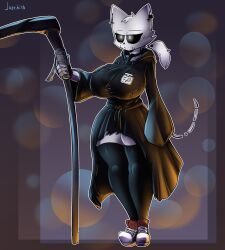  2024 5_fingers :&lt; absurd_res animated_skeleton anthro artist_name bastet_(justbirb) big_breasts black_clothing black_eyes black_fingerless_gloves black_gloves black_handwear black_hoodie black_legwear black_necktie black_stockings black_thigh_highs black_topwear bone breasts clothed clothing cross curvy_figure digital_media_(artwork) domestic_cat ear_piercing ear_ring eyebrows eyelashes felid feline felis female fingerless_gloves fingers footwear full-length_portrait fully_clothed gloves glowing_pupils gradient_background hair handwear hi_res holding_scythe hoodie hourglass_figure inverted_cross inverted_cross_ear_ring justbirb krita_(artwork) legwear mammal melee_weapon name_tag necktie outline patch_(fabric) piercing polearm ponytail portrait pupils red_clothing red_footwear red_shoes ring_piercing scythe shaded shoes simple_background skeleton small_waist soft_shading solo squish standing stockings tail thick_thighs thigh_highs thigh_squish three-quarter_view topwear undead weapon white_body white_outline white_pupils 