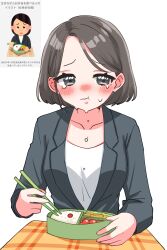  :t absurdres bento black_eyes black_hair blush bowl burger chopsticks eating female food food_on_face fruit highres holding holding_chopsticks irasutoya jacket jewelry looking_at_viewer meat necklace short_hair skirt solo sukoyaka_(100hituzi) tears 