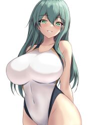  aqua_eyes aqua_hair blush breasts collarbone competition_swimsuit covered_navel cowboy_shot female hair_between_eyes hair_ornament hairclip highres kantai_collection large_breasts long_hair looking_at_viewer montemasa multicolored_clothes multicolored_swimsuit one-hour_drawing_challenge one-piece_swimsuit open_mouth simple_background smile solo suzuya_(kancolle) swimsuit twitter_username two-tone_swimsuit white_background white_one-piece_swimsuit 