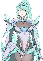  armor black_pantyhose bodysuit breasts chest_jewel cleavage closed_mouth cowboy_shot female green_eyes green_hair headpiece high_ponytail highres large_breasts long_hair looking_at_viewer neon_trim pantyhose pneuma_(xenoblade) simple_background skin_tight solo swept_bangs tiara ug333333 white_background xenoblade_chronicles_(series) xenoblade_chronicles_2 