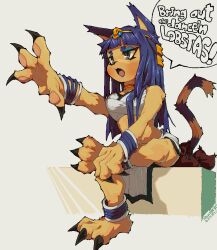  2024 4_fingers animal_crossing ankha_(animal_crossing) anthro artist_name blue_hair claws clothing command dated dialogue domestic_cat english_text felid feline felis female fingers full-length_portrait fur hair hi_res mammal meme midriff nickelodeon nintendo pawpads pillow portrait redraw simple_background sitting solo speech_bubble tail text the_amanda_show wakazhi white_background yellow_body yellow_fur 