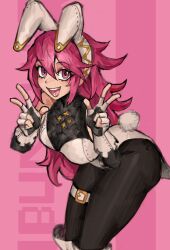  animal_ear_hairband animal_ears breasts elbow_gloves fake_animal_ears fingerless_gloves fire_emblem fire_emblem_fates gloves hairband highres leggings open_mouth pink_eyes pink_hair playboy_bunny rabbit_ear_hairband rabbit_ears saiykik simple_background smile soleil_(fire_emblem) thigh_strap turtleneck 