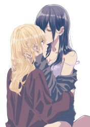  2girls aihara_mei aihara_yuzu bad_id bad_source bad_twitter_id black_hair blonde_hair bra breasts citrus_(saburouta) closed_eyes earrings glidesloe green_eyes highres jewelry kissing long_hair multiple_girls off_shoulder open_mouth ring shirt simple_background smile step-siblings step-sisters straddling underwear undressing upright_straddle wife_and_wife yuri 