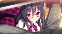  1boy all_fours between_legs black-framed_eyewear black_hair blush closed_mouth collared_shirt desk dress_shirt dutch_angle eyes_visible_through_hair female game_cg glasses grey_pants hair_between_eyes hair_down haruka_kanata_(koibana_ren&#039;ai) highres koibana_ren&#039;ai long_hair looking_at_viewer neck_ribbon official_art otome_kokoro pants plaid_clothes plaid_pants plaid_ribbon plaid_skirt red_eyes red_ribbon red_skirt ribbon school_desk school_uniform semi-rimless_eyewear shirt skirt smile solo_focus spread_legs straight under_the_table white_shirt yuuki_rika 