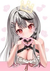  absurdres animal_collar black_collar black_hair blush braid breasts camisole cleavage collar crown female frilled_camisole frills gloves grey_hair hair_ornament heart heart_collar heart_hands heart_pendant highres hololive large_breasts looking_at_viewer multicolored_hair open_mouth pendant_collar red_eyes rkc sakamata_chloe sakamata_chloe_(1st_costume) solo streaked_hair virtual_youtuber white_background white_camisole x_hair_ornament 