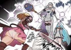  3girls absurdres ahoge ass battle blonde_hair blue_hair closed_eyes djeeta_(granblue_fantasy) dress english_text evil_smile gauntlets granblue_fantasy grey_hair highres holding holding_sword holding_weapon lilith_(granblue_fantasy:_relink) long_hair lyria_(granblue_fantasy) magic medium_hair motion_lines multiple_girls oha_v panties pantyshot red_eyes simple_background skirt smile speech_bubble staff sword underwear very_long_hair weapon 