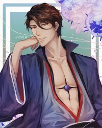  1boy abs aizen_sousuke alternate_costume bleach bleach:_brave_souls blue_background blue_flower brown_eyes brown_hair chinese_clothes commentary english_commentary falling_petals flower hair_between_eyes hand_up head_rest highres hogyoku_(bleach) kas0n3ri large_pectorals lips long_sleeves looking_at_viewer male_focus mature_male muscular muscular_male parted_lips pectorals petals simple_background solo twitter_username upper_body wide_sleeves 