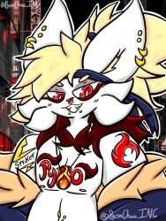  anthro blonde_hair cinderace clothing collar ear_piercing facial_piercing fur generation_8_pokemon hair jacket lewdchuu_(artist) male nintendo nose_piercing nose_ring piercing pokemon pokemon_(species) red_body red_eyes red_fur ring_piercing solo tattoo topwear white_body 