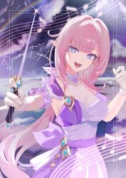  absurdres blue_eyes breasts cleavage crystal_shards detached_sleeves dress elf elysia_(honkai_impact) elysia_(miss_pink_elf)_(honkai_impact) english_text female gloves hair_between_eyes highres holding honkai_(series) honkai_impact_3rd long_hair looking_at_viewer musical_note official_alternate_costume pink_hair pink_pupils pointy_ears rainbow roena see-through see-through_cleavage short_sleeves sky star_(sky) starry_sky white_dress white_gloves 