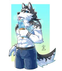  anthro athletic athletic_male beach_trunks black_body black_fur black_sclera blue_eyes c82102111 canid canine canis dessert domestic_dog ear food fur hair hi_res ice_cream licking lifewonders male mammal masanori_(tas) navel nordic_sled_dog pecs ponytail scar solo spitz tail tokyo_afterschool_summoners tongue white_body white_fur 