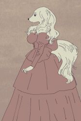  animal_ears arms_at_sides bad_id bad_pixiv_id breasts dog_ears dog_girl dog_tail dress eyelashes female from_side furry furry_female gown juliet_sleeves large_breasts long_dress long_hair long_sleeves monochrome original parted_lips pasikon puffy_sleeves solo tail 