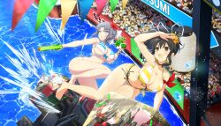  6+boys 6+girls 6+others :d :o arm_scarf asuka_(senran_kagura) audience bikini black_hair blue_bikini blue_eyes blush bow breasts brown_eyes character_print cleavage collarbone crossover crowd dolphin_wave flower frilled_bikini frills front-tie_bikini_top front-tie_top grey_hair hair_flower hair_ornament hair_ribbon hairbow hibiscus highres holding holding_water_gun homura_(senran_kagura) huge_breasts jet_ski kunai lantern large_breasts linea_alba miyabi_(senran_kagura) multicolored_bikini multicolored_clothes multiple_boys multiple_girls multiple_others navel official_art open_mouth outdoors paper_lantern people ponytail red_flower red_scarf ribbon riding scarf senran_kagura senran_kagura_shinovi_versus short_hair short_ponytail side-tie_bikini_bottom smile splashing string_of_flags striped_bikini striped_bow striped_clothes swimsuit thigh_gap thighs water water_drop water_gun watercraft weapon white_bow white_ribbon yaegashi_nan yumi_(senran_kagura) 