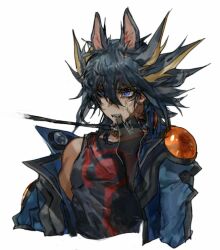  1boy animal_ears bad_id bad_pixiv_id black_hair black_shirt blue_eyes blue_jacket collar facial_tattoo finger_in_another&#039;s_mouth fudo_yusei highres jacket leash leash_pull male_focus open_clothes open_jacket pants saliva_drip shirt shoulder_plates sleeveless sleeveless_shirt solo_focus tattoo white_background yu-gi-oh! yu-gi-oh!_5d&#039;s 