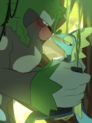  ambiguous/ambiguous ambiguous_gender anthro blue_body blue_tail blush duo eye_contact generation_8_pokemon grass hi_res huge_hands inteleon looking_at_another mammal nintendo plant pokemon pokemon_(species) primate rillaboom scalie size_difference suikaels tail tree 