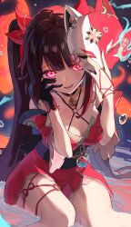  bell black_choker black_gloves black_sash breasts butterfly-shaped_pupils choker cleavage female flower_tattoo fox_mask gloves hair_between_eyes hair_ornament halterneck hands_on_own_face highres holding holding_mask honkai:_star_rail honkai_(series) japanese_clothes kimono kuronyan9630 long_hair looking_at_viewer mask mask_on_head o-ring partially_submerged pink_eyes sash short_kimono sitting solo sparkle_(honkai:_star_rail) symbol-shaped_pupils tattoo thighs twintails 