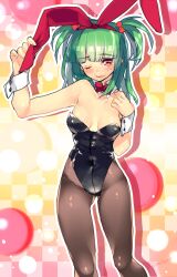  animal_ear_hairband animal_ears beatmania_iidx black_leotard blush bombergirl breasts detached_collar fake_animal_ears female green_hair grey_pants hairband hishimiya_tsugaru inpr leotard long_hair one_eye_closed outline pants playboy_bunny two_side_up white_outline wrist_cuffs 