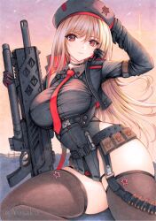  ammunition_belt ammunition_pouch artist_name beret black_beret black_gloves black_shirt black_thighhighs breasts brown_hair commentary expressionless female gloves goddess_of_victory:_nikke gun hand_on_own_head hashtag-only_commentary hat highres holding holding_gun holding_weapon jacket large_breasts long_hair long_sleeves marker_(medium) militaria_(nikke) necktie pouch rapi_(nikke) red_eyes red_necktie shirt sitting star_(symbol) tactical_clothes thick_thighs thighhighs thighs traditional_media twitter_username weapon yosaku_vs_hina 