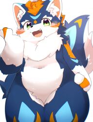  2022 ambiguous_species big_tail blue_body blue_fur blue_markings blue_tail blush blush_lines countershading cute_fangs digital_media_(artwork) fur green_eyes hair hand_on_cheek hand_on_hip hi_res kemono lion_(fw_rion) looking_at_viewer male mammal markings multicolored_body multicolored_tail navel open_mouth open_smile orange_body orange_fur orange_hair orange_markings orange_tail portrait production_taiikukan raised_tail shouka_2810 slightly_chubby smile tail three-quarter_portrait white_body white_countershading white_fur 