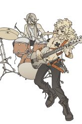  1boy alternate_universe band blonde_hair boots breasts closed_eyes contemporary denim drum drum_set drumsticks dungeon_meshi elf female fleki full_body gloves grey_hair guitar hair_around_ear hair_tubes highres holding holding_drumsticks holding_guitar holding_instrument instrument jeans jewelry jin_mi long_hair low_twintails lycion music necklace notched_ear open_mouth pants pasties playing_guitar playing_instrument pointy_ears revealing_clothes simple_background sleeveless small_breasts tank_top twintails white_background 