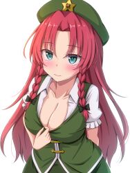  aqua_eyes arm_behind_back beret black_bow blush bow braid breasts cleavage closed_mouth collarbone collared_shirt commentary cowboy_shot eyes_visible_through_hair female frilled_sleeves frills green_hat green_vest hair_intakes hairbow hat highres hong_meiling large_breasts long_hair looking_at_viewer open_collar parted_bangs puffy_short_sleeves puffy_sleeves red_hair rimasu71 shirt short_sleeves simple_background solo standing star_(symbol) touhou twin_braids very_long_hair vest white_background white_shirt 