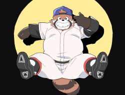  2024 ailurid anthro baseball_uniform belly bottomwear clothing hat headgear headwear inunoshippo kemono male mammal overweight overweight_male pants red_panda shirt simple_background smile solo sportswear topwear uniform 