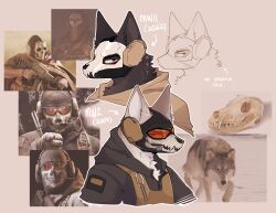  2022 activision alternate_species anthro black_clothing black_hoodie black_topwear brown_clothing brown_hoodie brown_topwear call_of_duty call_of_duty:_modern_warfare_2 call_of_duty:_modern_warfare_ii canid canine canis clothing electronics english_description english_text eyewear fur furrification goggles grey_body grey_fur headgear headphones headset hi_res hoodie looking_at_viewer male mammal mask military orange_eyewear orange_goggles simon_riley simple_background sinnple skull_mask solo square_crossover tan_background text topwear wolf 