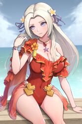  absurdres blue_sky bracelet breasts casual_one-piece_swimsuit cleavage closed_mouth cloud covered_navel day edelgard_von_hresvelg edelgard_von_hresvelg_(summer) embarrassed female fire_emblem fire_emblem:_three_houses fire_emblem_heroes frilled_one-piece_swimsuit frills gonzarez hair_ornament hair_ribbon hand_in_own_hair highres jewelry large_breasts long_hair necklace ocean official_alternate_costume official_alternate_hairstyle one-piece_swimsuit outdoors pearl_necklace pendant plumeria purple_eyes red_one-piece_swimsuit ribbon shy sitting sky solo sweatdrop swimsuit white_hair 