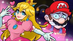  1boy blonde_hair blue_eyes breasts bright_pupils brooch bruise bruised_eye crown dress elbow_gloves eyelashes facial_hair female fire gagged gloves hat heart indoors injury jewelry koro_(wingedkoro) long_hair looking_at_viewer mario mario_(series) mini_crown moustache pink_dress pink_lips princess_peach puffy_short_sleeves puffy_sleeves red_hat red_shirt rope shirt short_sleeves smile sparkle torch upper_body very_long_hair white_gloves white_pupils 