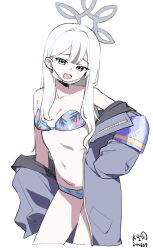  absurdres bikini blue_archive blue_bikini breasts cleavage female grey_halo grey_jacket halo highres jacket konoka_(blue_archive) long_hair long_sleeves looking_at_viewer myeolchi navel open_mouth print_bikini simple_background small_breasts solo standing swimsuit white_background 