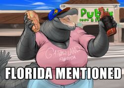  5_fingers alligator alligatorid anthro beverage big_breasts bottomwear breasts cleavage clothed clothing crocodilian day doctordj english_text female fingers florida_gators food grey_body hat headgear headwear hi_res huge_breasts non-mammal_breasts olivia_(doctordj) open_mouth outside pants publix reptile sandwich_(food) scalie shirt solo t-shirt tail teeth text text_on_clothing text_on_topwear tongue topwear 