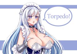  apron azur_lane bare_shoulders belfast_(azur_lane) breast_lift breasts broken broken_chain chains cleavage collar collarbone dress female frilled_gloves frills gloves grabbing grabbing_own_breast large_breasts long_hair looking_at_viewer low_neckline maid maid_apron maid_headdress maroonabyss purple_eyes solo white_gloves white_hair 