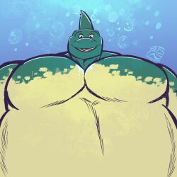  air_bubble animal_humanoid anthro belly big_belly fin fish green_body hi_res humanoid jasperthecrab joungi_(jasperthecrab) male marine marine_humanoid pec_pov_meme pecs shark shark_fin solo underwater water 