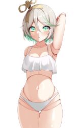  absurdres alternate_costume armpits cecilia_immergreen collarbone colored_inner_hair doll_joints female green_eyes green_hair grey_hair hair_between_eyes highres hololive hololive_english joints looking_at_viewer multicolored_hair navel panpanmc4 panties short_hair simple_background solo stomach streaked_hair thigh_gap underwear virtual_youtuber white_background white_panties winding_key 