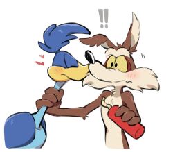  anthro anthro_on_anthro avian beak blush canid canine canis coyote duo dynamite explosives gz8ty kissing looney_tunes male male/male mammal road_runner_(looney_tunes) simple_background surprised_expression warner_brothers wile_e._coyote 