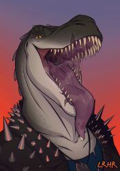  anthro bodily_fluids dinosaur extinct hi_res lrhr male mouth_shot open_mouth prehistoric_species reptile rocco_(tallion) saliva scalie sharp_teeth solo spiked_jacket teeth theropod tongue tongue_out tyrannosaurid tyrannosauroid tyrannosaurus tyrannosaurus_rex 