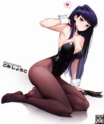  animal_ears arm_support black_leotard breasts cesar_art456 character_name closed_mouth commentary detached_collar english_commentary fake_animal_ears feet female hand_in_own_hair heart highleg highleg_leotard highres komi-san_wa_komyushou_desu komi_shouko large_breasts legs leotard long_hair looking_at_viewer no_shoes pantyhose playboy_bunny purple_eyes purple_hair rabbit_ears reflection simple_background sitting solo spoken_heart strapless strapless_leotard thighs toes very_long_hair white_background white_wrist_cuffs wrist_cuffs yokozuwari 