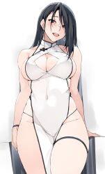  bare_arms black_hair blush breasts brown_eyes china_dress chinese_clothes cleavage commentary_request covered_navel curvy dress female hair_between_eyes highres large_breasts long_hair looking_at_viewer open_mouth original pelvic_curtain simple_background smile solo standing teeth thigh_strap thighs upper_teeth_only white_background white_dress zekkyon 