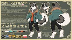  anthro auveiss canid canine canis clothing digital_media_(artwork) domestic_dog english_text flag fur hand_in_pocket husky jacket male mammal nordic_sled_dog patch_(fabric) pockets simple_background solo spitz standing tail text topwear 