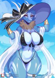  2024 anthro ass big_breasts bikini black_bikini black_clothing black_swimwear blue_body blue_fur breasts butt_from_the_front cleavage clothed clothing dragon eyelashes female fur furred_dragon furred_scalie glistening glistening_body hat headgear headwear hi_res horn jewelry leg_markings legband looking_at_viewer lyorenth-the-dragon markings mythological_creature mythological_scalie mythology navel neck_tuft necklace nipple_outline purple_eyes pyra_(lyorenth-the-dragon) scalie seaside smile solo swimwear thigh_gap thigh_markings thighband tuft two-piece_swimsuit water wide_hips wingless_dragon 