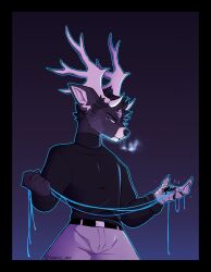  2022 anthro antlers black_body black_clothing black_fur black_nose black_sweater black_topwear black_turtleneck blue_eyes bottomwear breath clothing dean_(sinnple) deer english_description exposed_wires facial_markings forehead_markings fur gradient_background grey_bottomwear grey_clothing grey_pants head_markings hi_res horn inner_ear_fluff male mammal markings multicolored_body multicolored_fur pants purple_background robotic_hand simple_background sinnple solo sparks sweater topwear tuft turtleneck two_tone_body two_tone_fur watermark white_antlers white_body white_fur white_inner_ear_fluff wire 