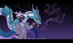  2022 anthro antlers black_body black_fur black_sclera black_whiskers blue_body blue_necktie blue_scales bottomwear business_suit claws clothing dean_(sinnple) deer dialogue dragon duo eastern_dragon english_description english_text eyewear floating forked_tongue fur generation_3_pokemon glasses grey_bottomwear grey_clothing grey_pants grey_suit hand_in_pocket hi_res holding_object holding_pokeball horn hybrid lang_(sinnple) legendary_pokemon letterbox male mammal multicolored_body multicolored_fur multicolored_scales mythological_creature mythological_scalie mythology necktie night nintendo pants pockets pokeball pokemon pokemon_(species) rayquaza scales scalie sinnple sky smile smirk standing star starry_sky suit teeth text tongue two_tone_body two_tone_fur two_tone_scales watermark whiskers white_antlers white_body white_claws white_fur white_scales yellow_eyes 