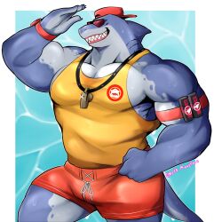  1boy absurdres armband backwards_hat bara baseball_cap blue_skin border colored_skin fins fish_tail fortnite furry furry_male gills glint hand_on_own_hip hand_up hat highres large_pectorals lifeguard male_focus male_swimwear multicolored_skin muscular muscular_male outside_border pectoral_cleavage pectorals red-tinted_eyewear red_armband red_hat red_male_swimwear shark_boy shark_fin shark_tail sharp_teeth sidepec signature solo steve_(fortnite) tail tank_top teeth thebunskunk tinted_eyewear two-tone_skin watch wet whistle whistle_around_neck white_border wristwatch yellow_tank_top 