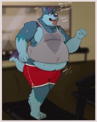  absurd_res anthro athletic_wear belly belly_overhang big_belly bodily_fluids bottomwear breath canid canine canis clothed clothing dialogue english_text exercise fit_to_fat fur grey_clothing grey_shirt grey_tank_top grey_topwear gym gym_bottomwear gym_shorts hi_res male mammal navel obese obese_anthro obese_male open_mouth overweight overweight_anthro overweight_male panting shirt shorts solo sweat sweatdrop tail tank_top tcw text tongue tongue_out topwear treadmill weight_gain wolf workout yukon 