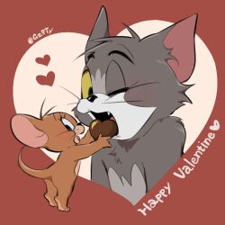  anthro brown_body brown_fur candy chocolate dessert duo english_text felid feline food fur grey_body grey_fur gz8ty heart_symbol holidays jerry_mouse male mammal metro-goldwyn-mayer mouse murid murine open_mouth rodent signature simple_background text thomas_cat tom_and_jerry valentine&#039;s_day whiskers 