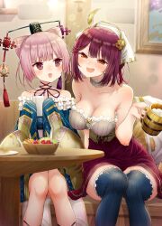  2girls :d alcohol alt_(ctrldel) atelier_(series) atelier_lydie_&amp;_suelle atelier_sophie bare_legs bare_shoulders beer blue_dress blush breasts cleavage commentary_request corneria_(atelier) corset dress drunk half-closed_eyes head_scarf heart heart-shaped_pupils highres indoors knees_together_feet_apart leaning_to_the_side medium_breasts medium_hair milk multiple_girls oerba_yun_fang off-shoulder_dress off_shoulder orange_eyes pink_eyes pink_hair red_hair red_skirt sitting skirt smile sophie_neuenmuller star_button strapless striped_clothes striped_thighhighs symbol-shaped_pupils thighhighs vertical-striped_clothes vertical-striped_thighhighs very_long_sleeves 