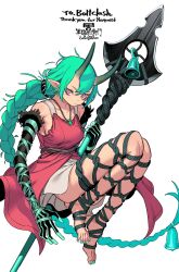  artist_name ass ass_peek bags_under_eyes bare_legs bare_shoulders barefoot bell black_gloves black_rope braid breasts collarbone commentary_request commission demon_girl demon_horns detached_sleeves dress english_text engrish_text feet female floating glaring gloves green_gloves green_hair green_nails green_rope hair_bell hair_ornament highres holding holding_polearm holding_weapon horns jade_(boltclash) jade_pendant jewelry long_braid long_hair long_horns long_toes looking_at_viewer magatama magatama_necklace medium_breasts nail_polish necklace oni original pointy_ears polearm purple_eyes ranguage red_dress rope rope_belt rope_legwear sideboob single_braid skeb_commission skirt solo spear thank_you toenail_polish toenails toes translation_request very_long_hair weapon white_background white_skirt wiggling_toes ztoriataming 