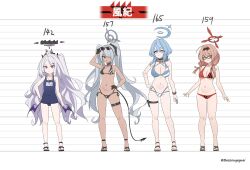  4girls absurdres ahoge ako_(blue_archive) baozouyeguai bare_arms bare_legs bare_shoulders bikini black-framed_eyewear black_bikini black_gloves black_horns black_one-piece_swimsuit blue_archive blue_bikini blue_eyes blue_hair bow breasts brown_hair chinatsu_(blue_archive) cleavage closed_mouth commentary covered_navel dark-skinned_female dark_skin demon_horns demon_wings full_body glasses gloves grey_hair groin hair_between_eyes hair_over_one_eye height_chart highres hina_(blue_archive) hina_(swimsuit)_(blue_archive) horns iori_(blue_archive) iori_(swimsuit)_(blue_archive) large_breasts long_hair medium_breasts multiple_girls multiple_horns navel official_alternate_costume one-piece_swimsuit pointy_ears prefect_team_(blue_archive) purple_eyes purple_wings red_bikini red_eyes sandals school_swimsuit small_breasts smile standing stomach swimsuit toes twintails twitter_username very_long_hair wings yellow_eyes 