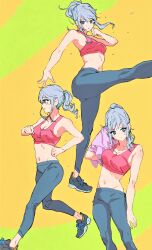  abs absurdres arms_up ass black_footwear bloom_into_me15 breasts collarbone crotch female floating_hair green_pants grey_hair head_tilt high_kick highres jogging kicking long_hair medium_breasts midriff multicolored_background multiple_views narrow_waist navel original pants pink_sports_bra pink_top pink_towel ponytail profile ribs skinny small_breasts sports_bra sportswear standing standing_on_one_leg sweat thighs track_pants 